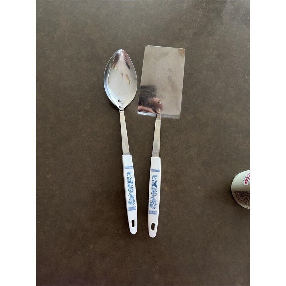 Vintage Blue Onion Pattern Japan Stainless Steel Spatula Turner & Spoon